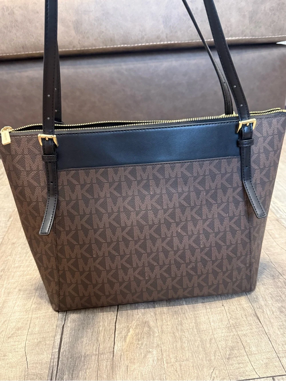 Michael Kors Brown Monogram Tote with Black Trim and Gold Accent